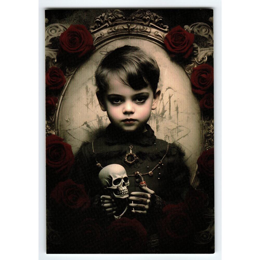 Vintage Halloween Postcard Gothic Boy Holding Skull with Red Roses